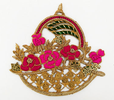 Hand Embroidered Zardozi Flower Basket Applique in Fuchsia,Dark Pink and Antique Gold with Gold Sequins